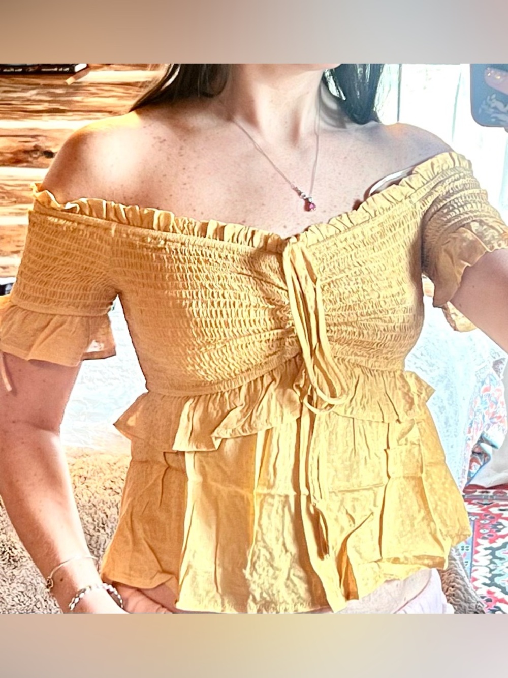 Promesa Off-Shoulder Yellow Smocked Ruffled Top